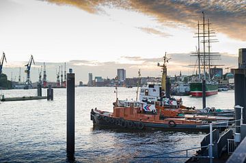 Hamburg - Zicht op de haven bij zonsondergang van Jörg B. Schubert