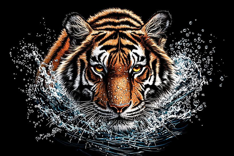 Powerful tiger in splashing water by Art & Soul Creations