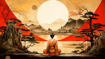 Meditating woman in Asian landscape by Vlindertuin Art