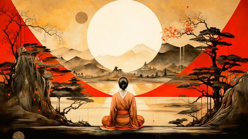 Meditating woman in Asian landscape