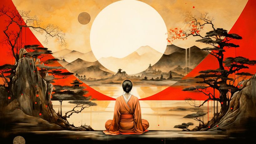Meditierende Frau in asiatischer Landschaft von Vlindertuin-Art