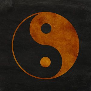 Yin-yang symbol in rusty brown on black background