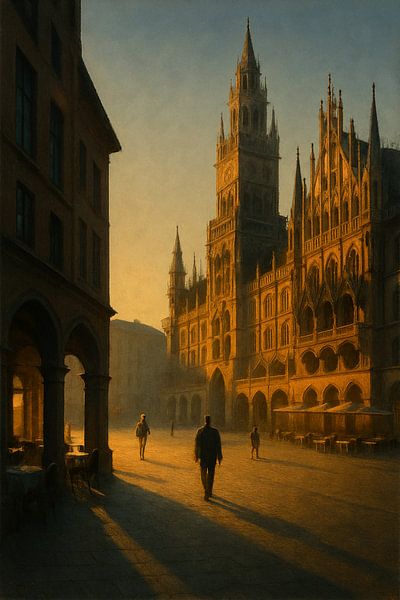 Münchner Rathausplatz: Gotische Architektur bei Sonnenuntergang von Travel Shop