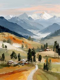 Valley with mountains in fog during sunrise by Lina van Oers