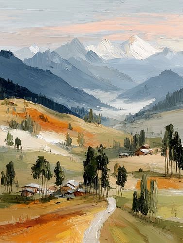 Valley with mountains in fog during sunrise