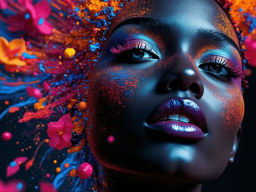 Surrealistisch portret van een donkere vrouw met veel kleur