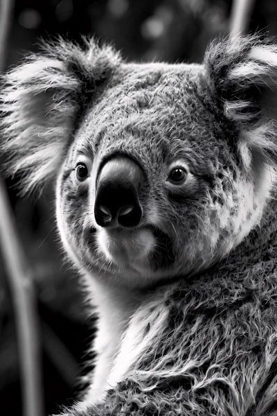 Portrait réaliste d'un koala en noir et blanc par Art & Soul Creations