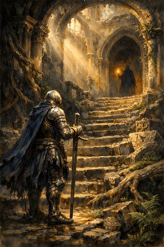 Un chevalier en armure face à un personnage encapuchonné dans un temple en ruines baigné de soleil