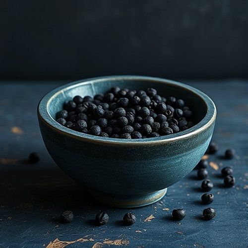 Eenvoudig minimalisme stenen blauwe kom gevuld met zwarte peperkorrels.