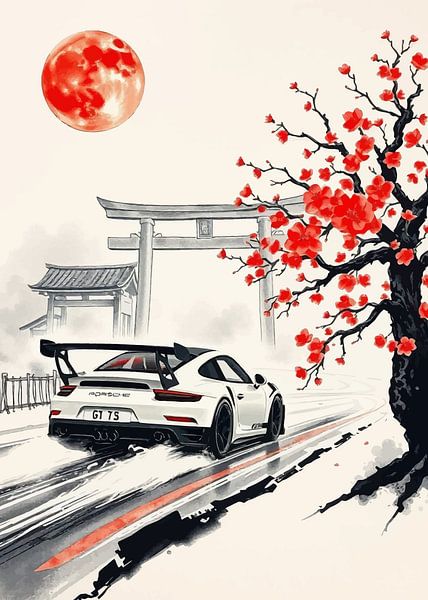 Porsche 911 GT3 RS Japanese Sumi-e Painting by MIROKKU