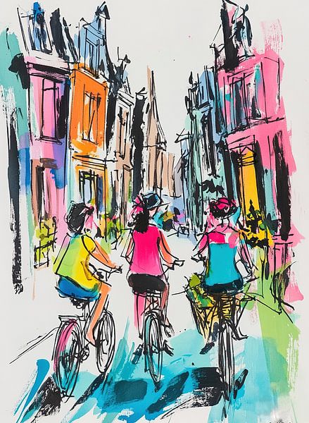 Fietsen in Amsterdam van Abstract Schilderij