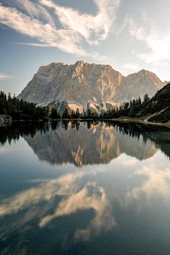Reflection of the Zugspitze in the Seebensee. Hiking in Tyrol