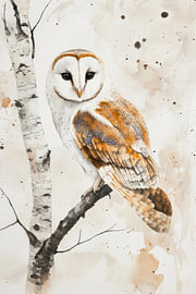Schleiereule auf einem Birkenast – Warmes Aquarell in Naturtönen von Eva Lee