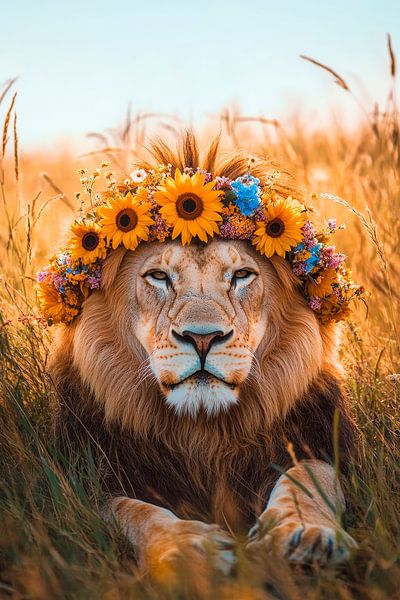 Lion with wreath of flowers in the savannah by Poster Art Shop