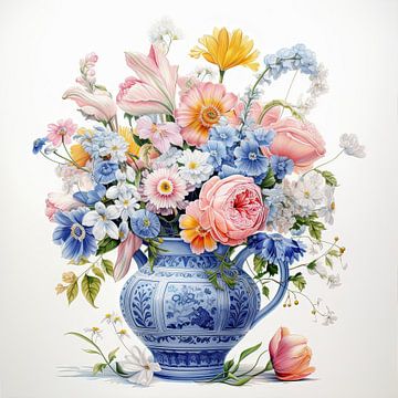 Bloemen in blauw stenen vaas van Vlindertuin Art