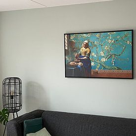 Klantfoto: Melkmeisje van Vermeer met Amandel bloesem behang van Gogh van Lia Morcus, op canvas