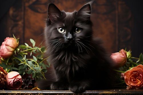Zwarte kat met bloemen in warm licht
