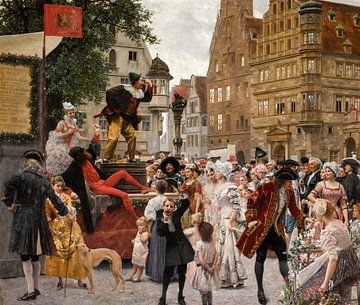 Hanswurst geeft een geïmproviseerd optreden in Rothenburg, Gustav Klimt en Ernst Klimt