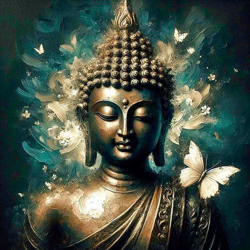 Buddha mit weißen Schmetterlingen.