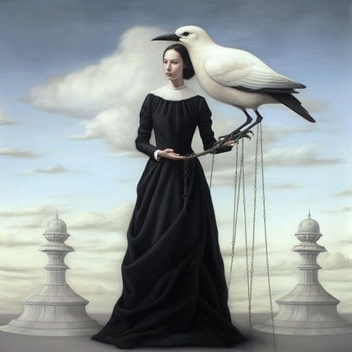 Surreal elegant woman black dress big white bird towers