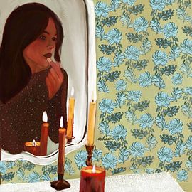 Een vrouw in het schijnsel van kaarslicht van Osheensgallery