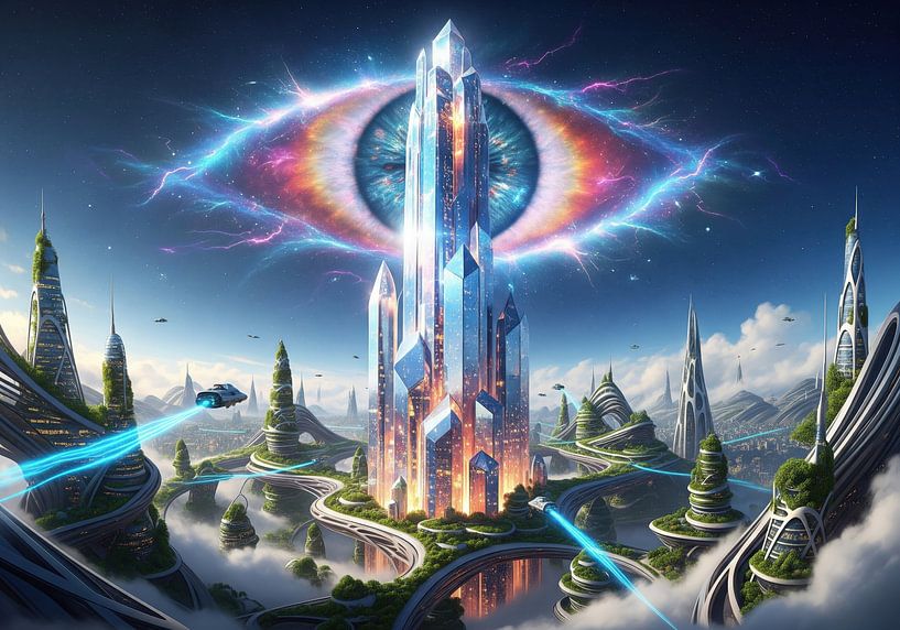 Paysage urbain futuriste avec des structures cristallines et des éléments célestes par Markus Gann