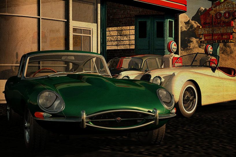 Jaguar E-Type an einer alten Tankstelle von Jan Keteleer