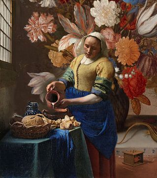 Het melkmeisje van Johannes Vermeer met een bloembehang van Balthasar 