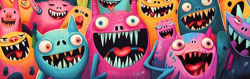 Colourful monsters with broad grins
