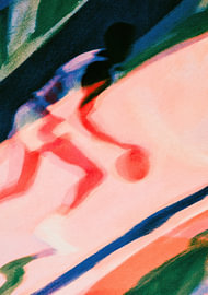 A dynamic basketball scene with motion blur in red and pink by Niklas Maximilian