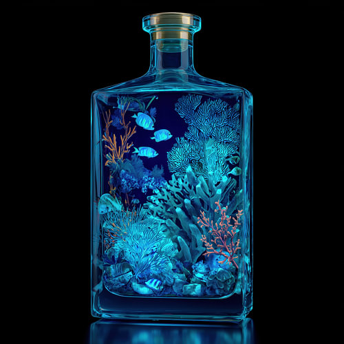 Blauwe aquarium koraal in glazen fles