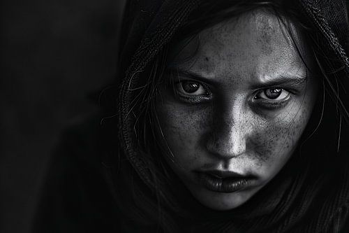Realistisch zwart-wit portret met intense blik