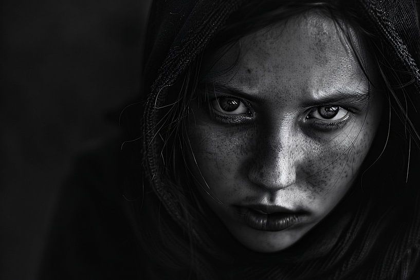 Realistic black-and-white portrait with intense gaze by Imperial Art House