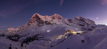 Panorama of the Eiger Mönch and Jungfrau and Wetterhorn at dusk in winter