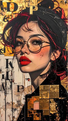 Portret vrouw met rode lippenstift - bladgoud zwart beige en rood