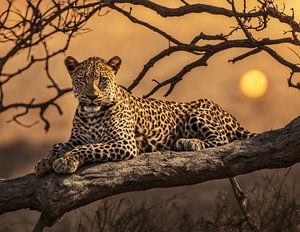 Luipaard in een boom bij ondergaande zon van Kees van den Burg