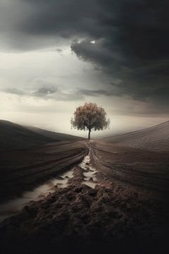 Eenzame boom in een surrealistisch landschap 8 van Digitale Schilderijen