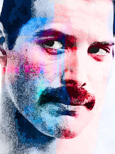 Portrait abstrait de Freddie Mercury en bleu-rouge