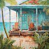 blauw gekleurd houten strandhuis op een Caribisch eiland van Margriet Hulsker