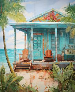 blauw gekleurd houten strandhuis op een Caribisch eiland van Margriet Hulsker
