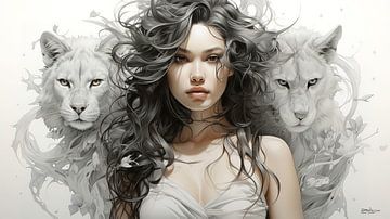 girl with two white lions by Gelissen Artworks