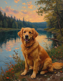 Labrador au bord d'un lac en forêt - Style vintage