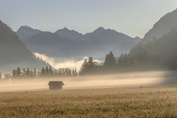 Mist in de vroege ochtend in Tirol van Silvia Thiel