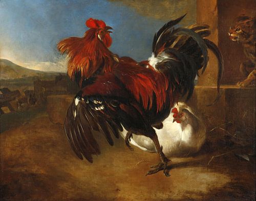 Pluimveehouderij met boze haan, Melchior d'Hondecoeter