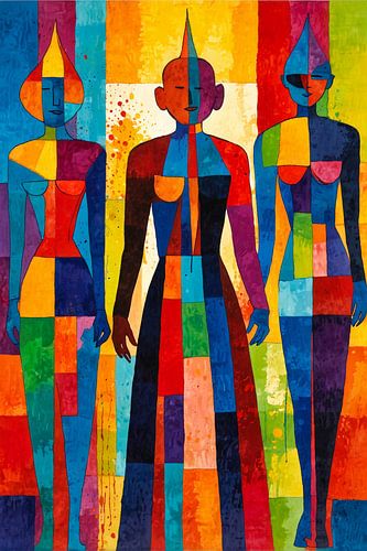 Three abstract people in bright colours