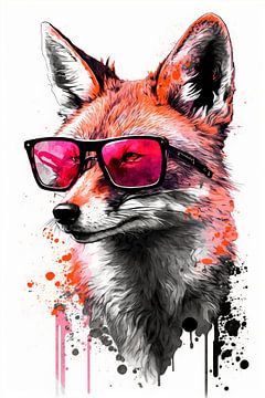 Cooler Fuchs mit Pinker Sonnenbrille und Wasserfarben von Felix Brönnimann