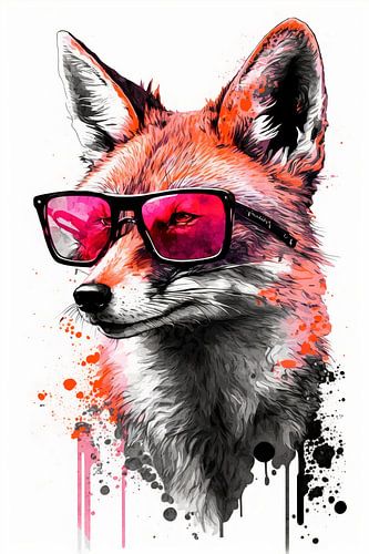 Cool renard avec lunettes de soleil roses et peinture à l'eau