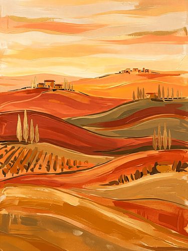 Paysage vallonné de Toscane aux chaudes teintes automnales rehaussées d'or
