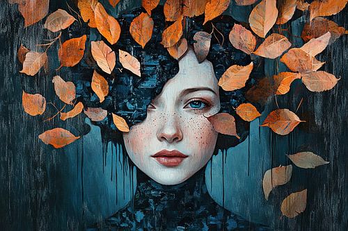 Femme orange et taches de rousseur avec feuilles