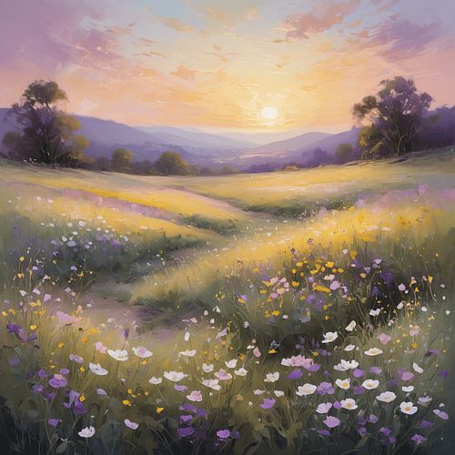 Rustige velden bij zonsondergang